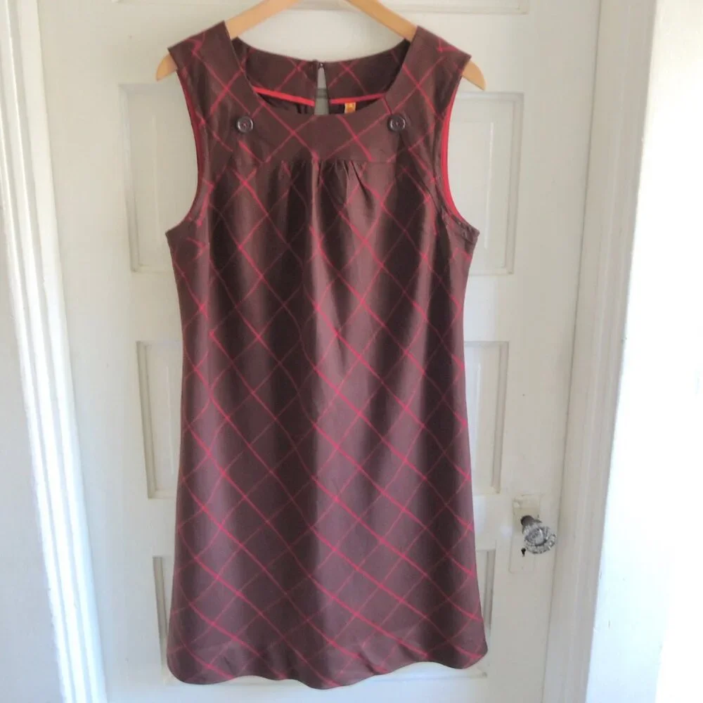 Anthro Maeve Brown & Red Silk Blend Windowpane Shift Dress 12